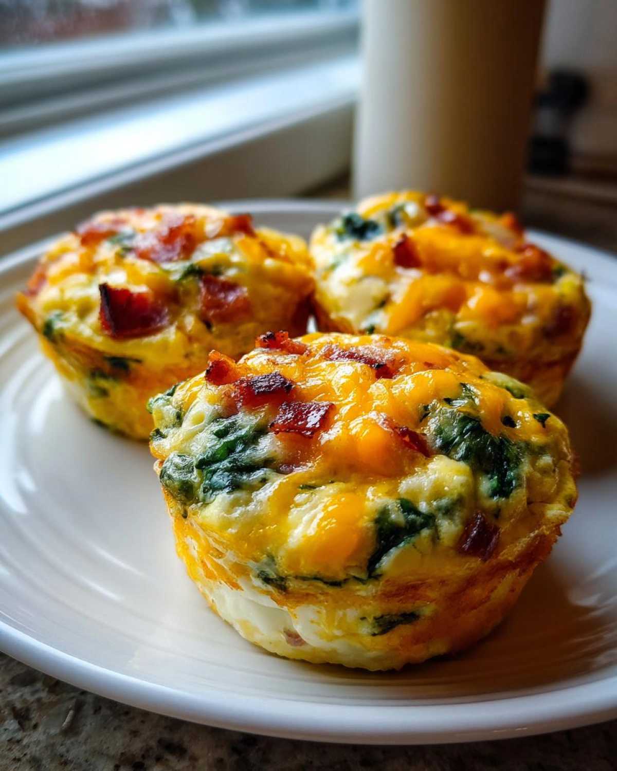 Three freshly baked egg muffin cups loaded with spinach, cheese, and bacon bits, ready for meal prep.