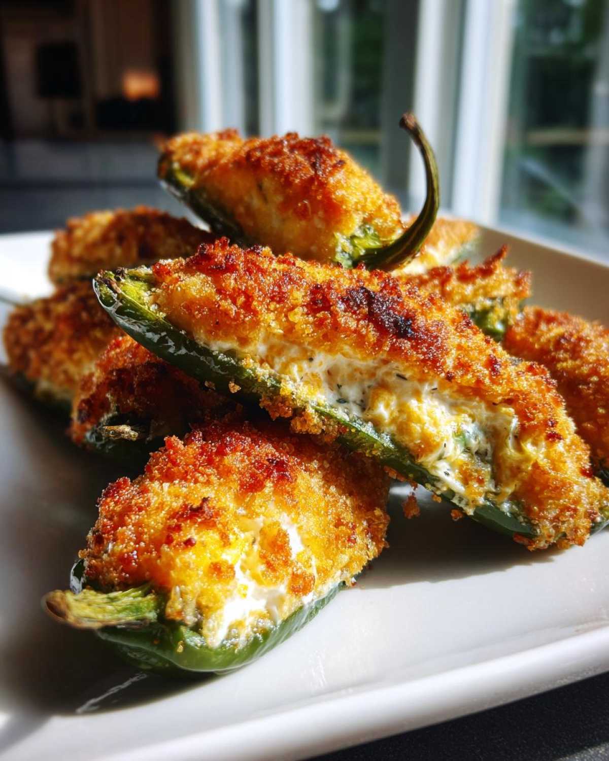 Close-up of several crispy, golden-brown baked Jalapeño poppers stuffed with creamy filling, served on a white dish.
