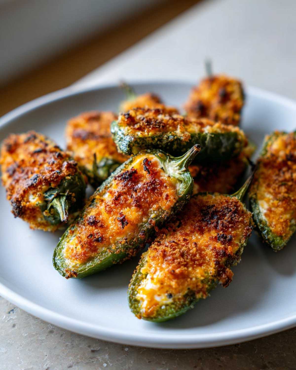 A plate of golden-brown, baked Jalapeño poppers stuffed with cheese and topped with a crispy breadcrumb crust.