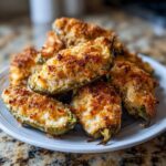 A pile of golden-brown, breaded and baked jalapeño poppers filled with creamy cheese mixture.