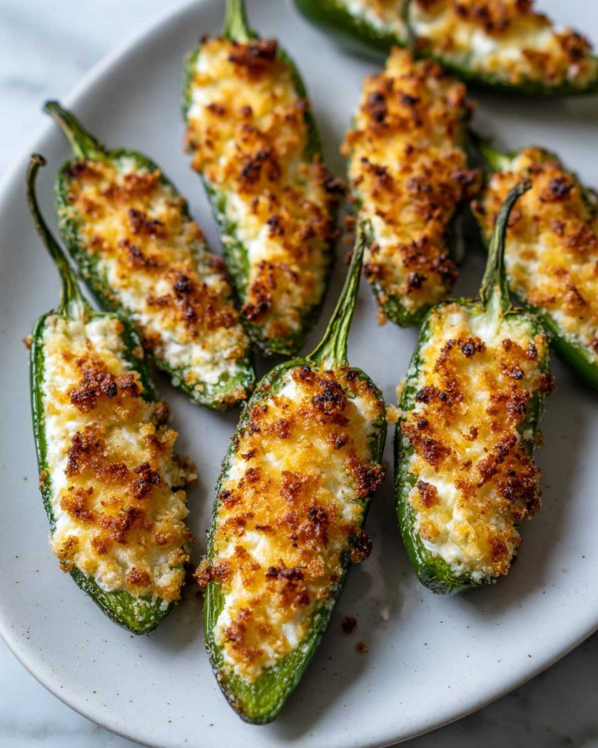 A plate of baked jalapeño poppers stuffed with cream cheese and topped with golden-brown breadcrumbs.