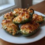 A plate of freshly baked jalapeño poppers stuffed with creamy cheese filling and topped with a golden, crispy crust.