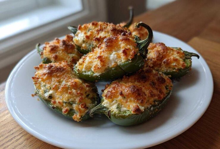 A plate of freshly baked jalapeño poppers stuffed with creamy cheese filling and topped with a golden, crispy crust.