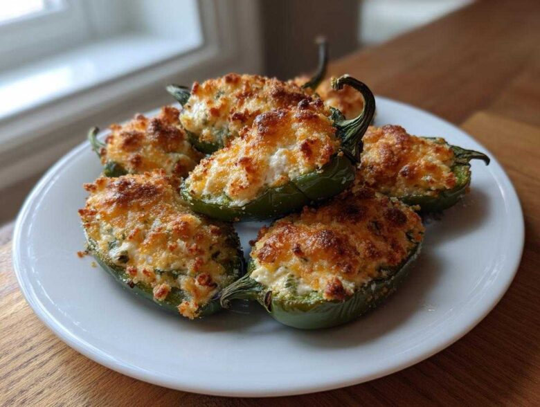 A plate of freshly baked jalapeño poppers stuffed with creamy cheese filling and topped with a golden, crispy crust.
