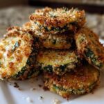 A stack of perfectly golden brown baked parmesan zucchini slices, crispy and seasoned, ready to eat.