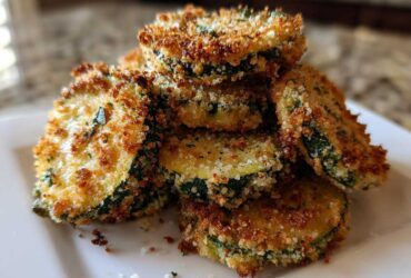 A stack of perfectly golden brown baked parmesan zucchini slices, crispy and seasoned, ready to eat.