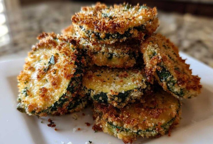 A stack of perfectly golden brown baked parmesan zucchini slices, crispy and seasoned, ready to eat.