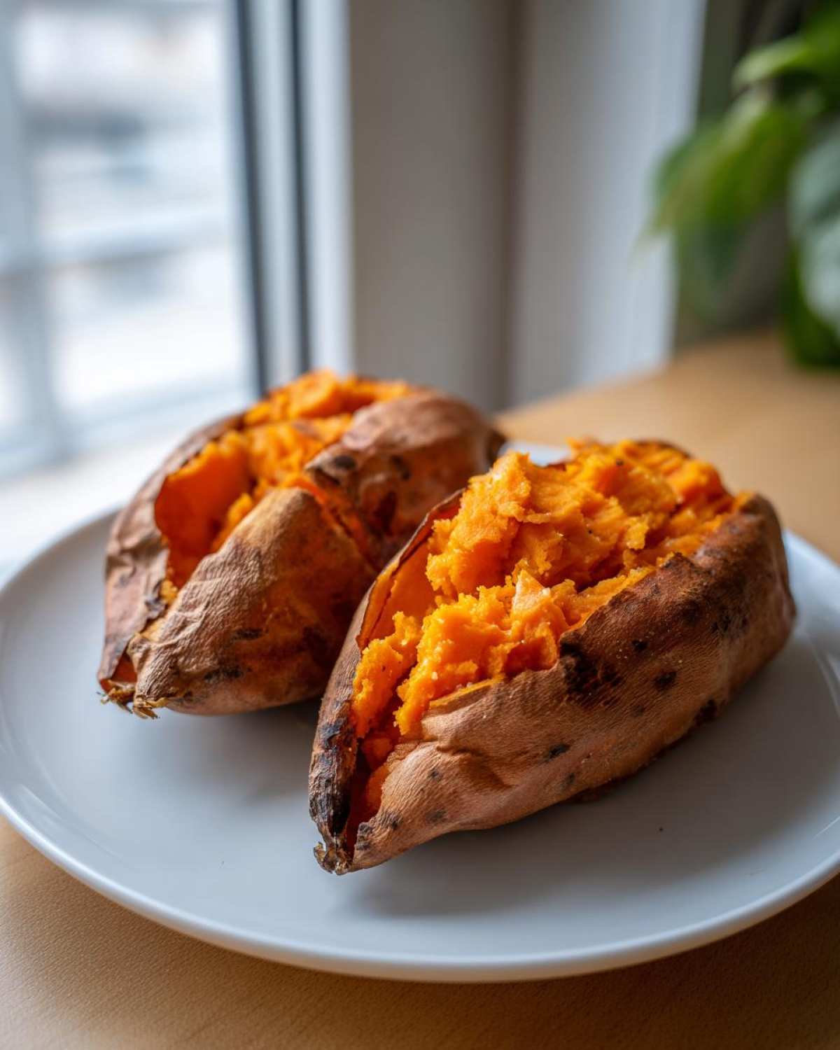 Two perfectly cooked baked sweet potato halves with bright orange, fluffy insides served on a white plate.