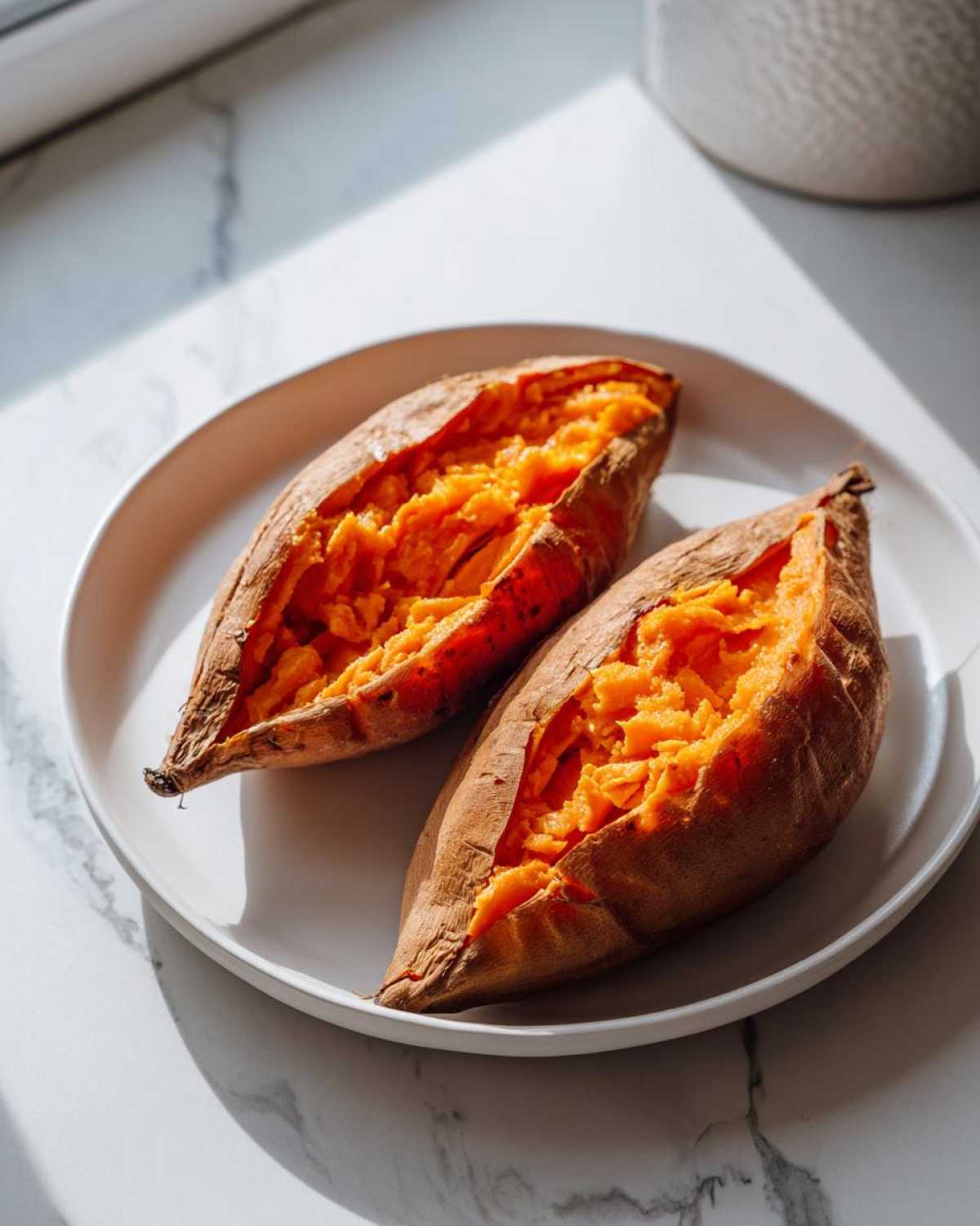 Two perfectly baked sweet potato halves, split open to show the bright orange, fluffy interior.