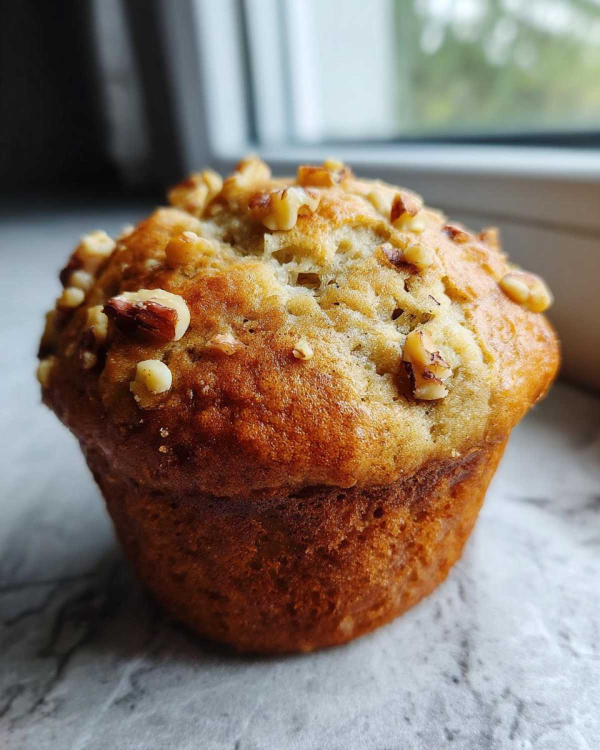 A close-up of a golden brown banana nut muffin topped generously with chopped walnuts.