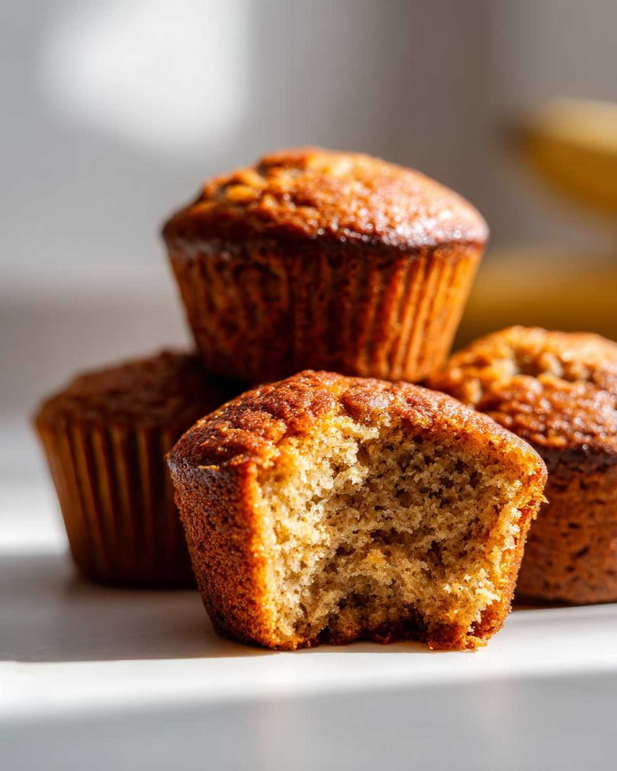 Close-up of moist banana protein muffins, one with a bite taken out showing the texture.