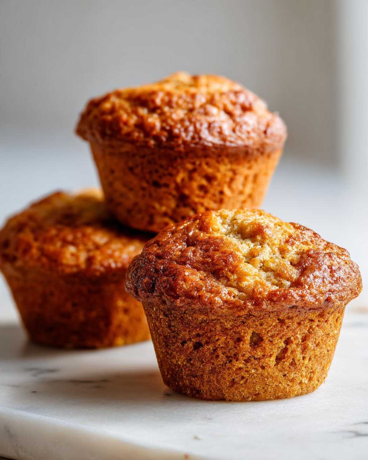 Three golden-brown banana protein muffins stacked slightly on a white marble surface.