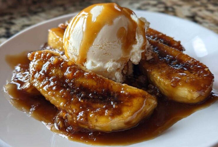 Close-up of caramelized bananas foster topped with a scoop of vanilla ice cream and drizzled with caramel sauce.