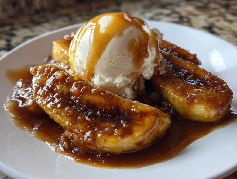 Close-up of caramelized bananas foster topped with a scoop of vanilla ice cream and drizzled with caramel sauce.