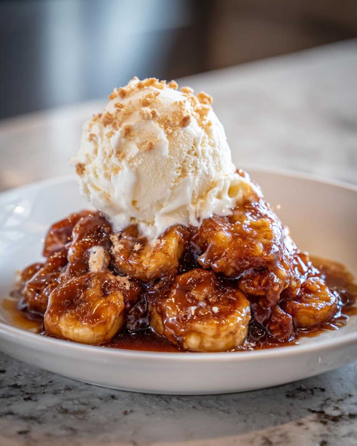 Close-up of Bananas Foster featuring caramelized bananas covered in rich sauce, topped with vanilla ice cream and crumbles.
