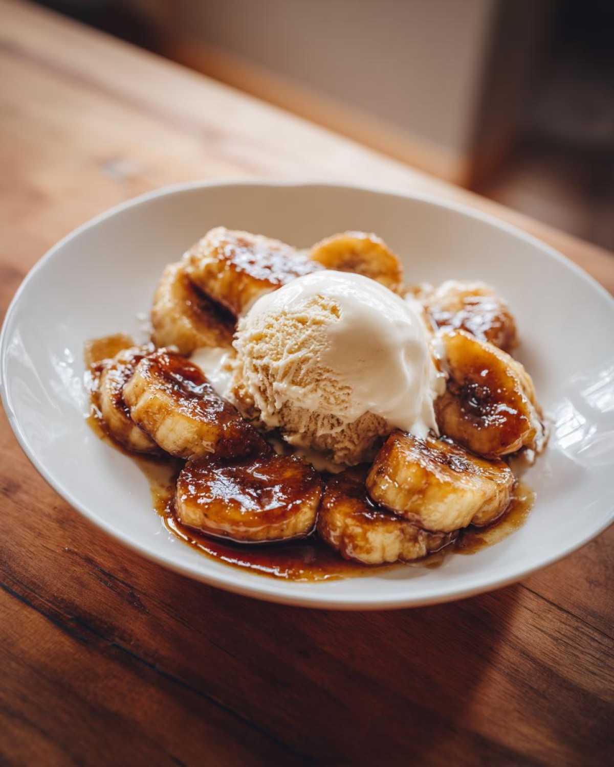 Close-up of caramelized bananas foster slices topped with a scoop of vanilla ice cream and rich sauce.