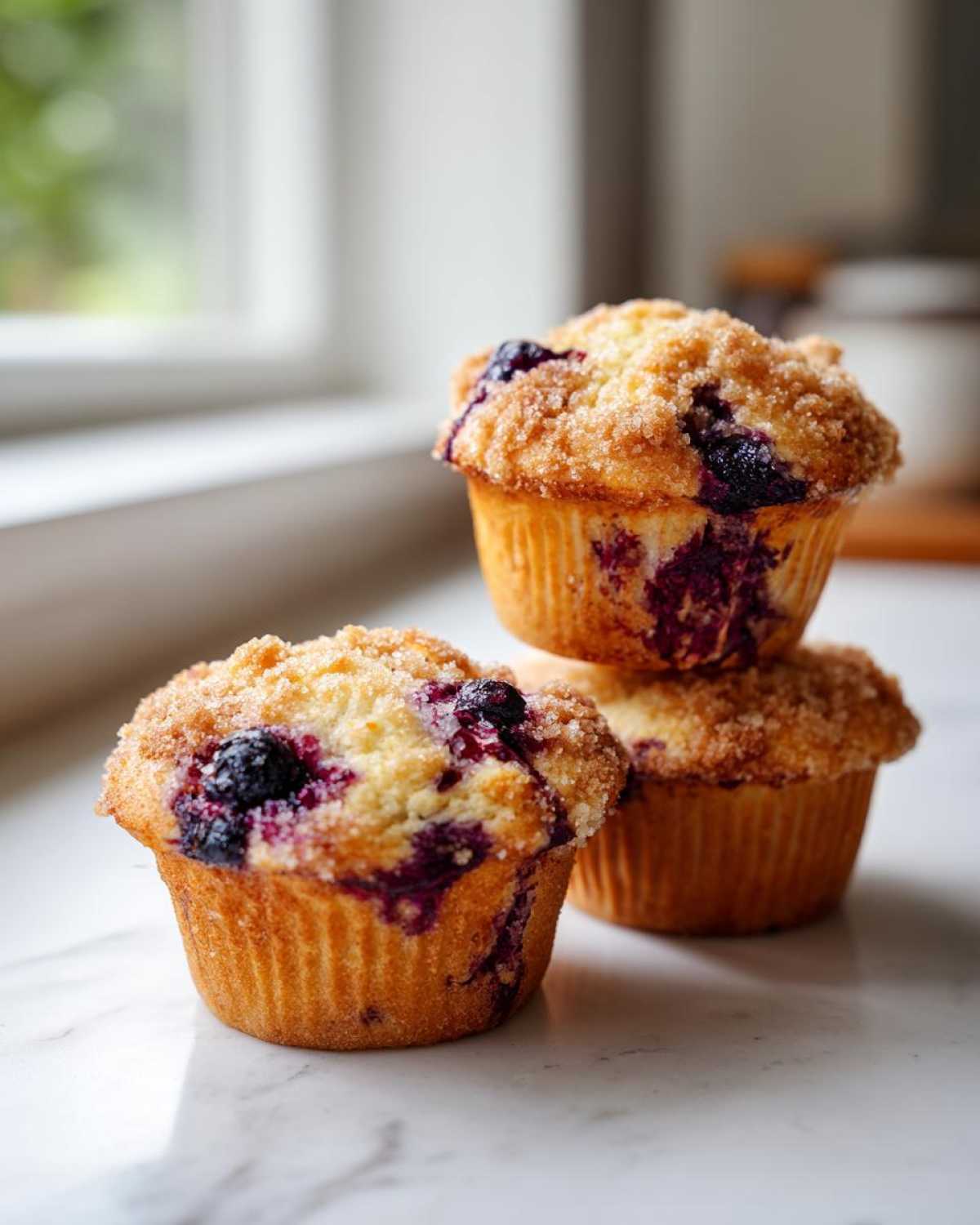 Three golden brown blueberry muffins stacked on a white marble surface, featuring a sugary streusel topping.