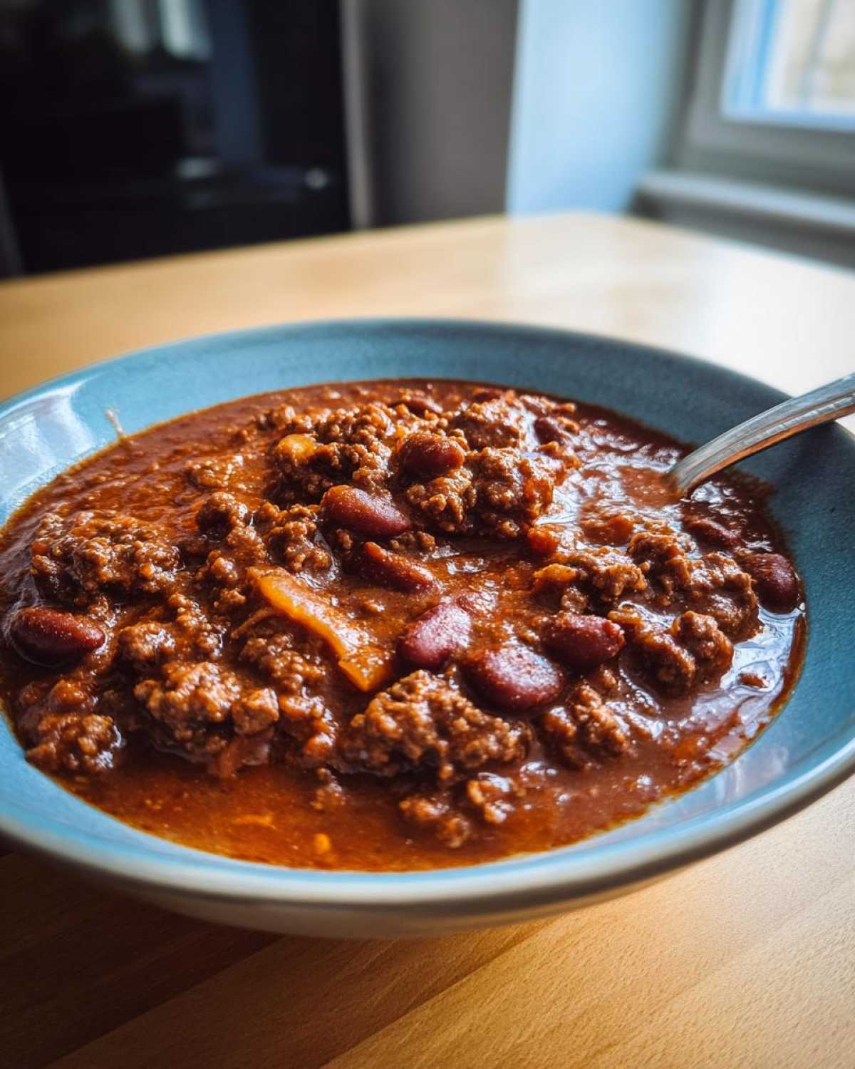 Close-up of a rich, thick bowl of the best chili recipe, featuring ground meat and kidney beans.