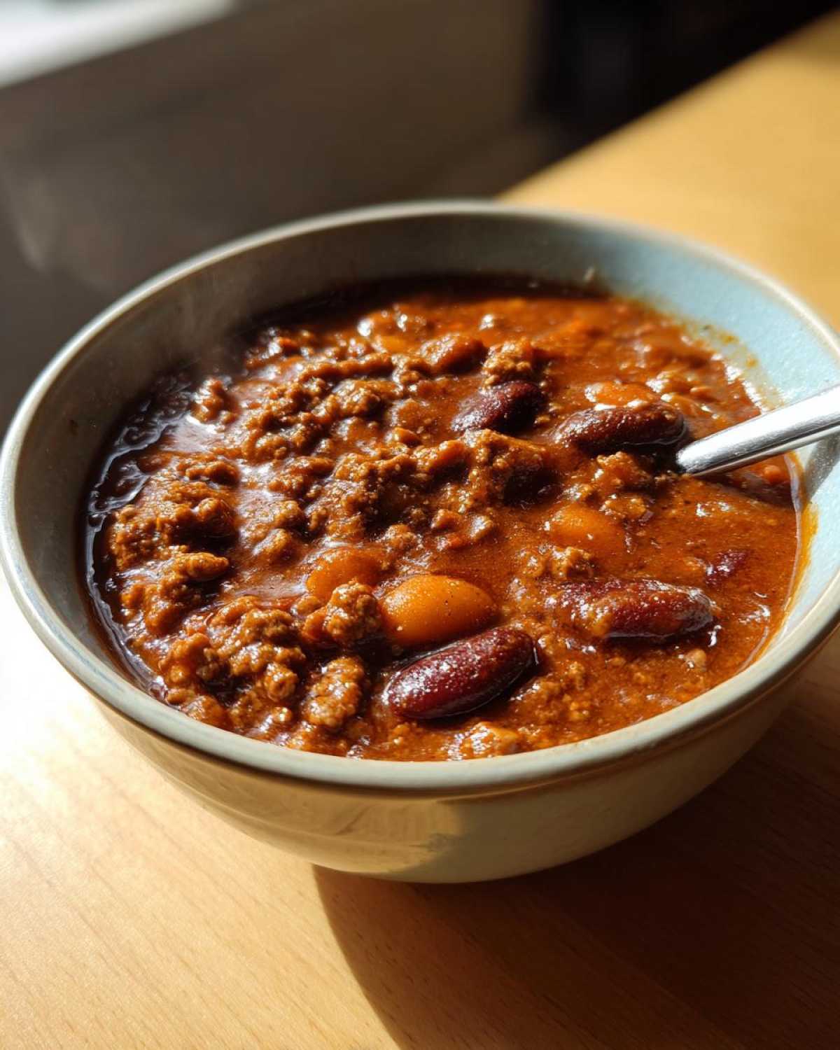 Close-up of a steaming bowl containing the best chili recipe, rich with ground meat and kidney beans.