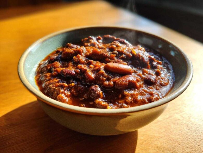 Close-up of a steaming bowl filled with rich, dark red chili, featuring beans and ground meat.