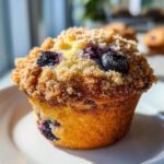 Close-up of a golden baked blueberry muffin featuring a thick, sugary crumb topping and visible whole blueberries.