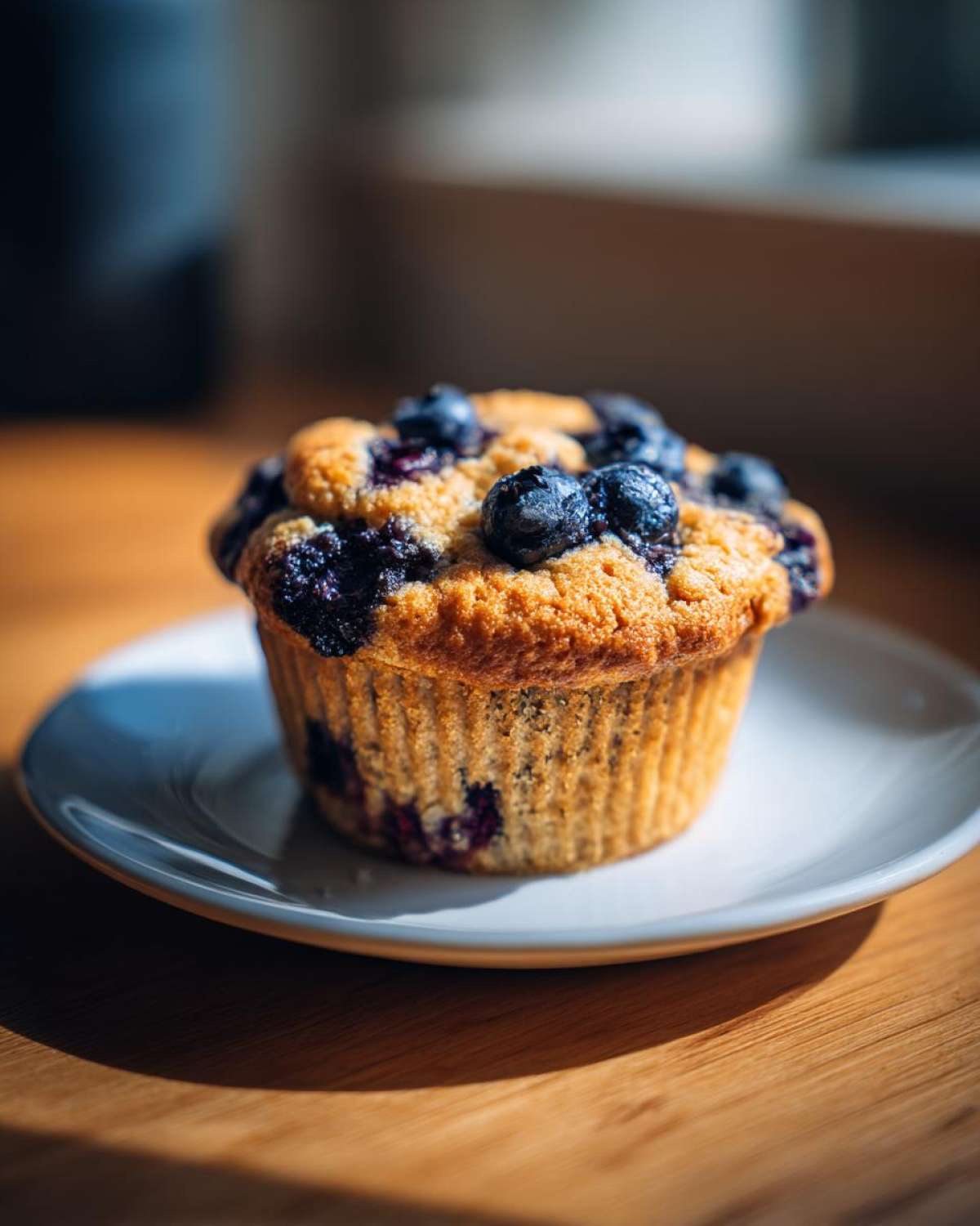 A single, golden-brown blueberry protein muffin topped with fresh blueberries, sitting on a small white plate.