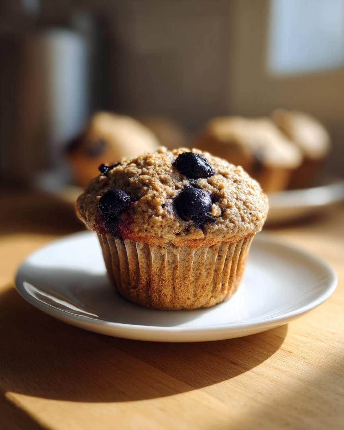 Close-up of a single blueberry protein muffin with a crumbly top, sitting on a white saucer in warm sunlight.