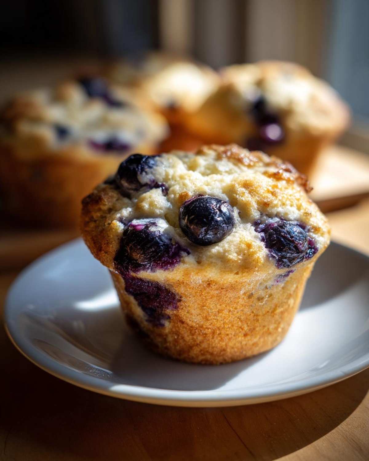 A single, golden-brown blueberry protein muffin sits on a white plate, highlighted by dramatic sunlight.
