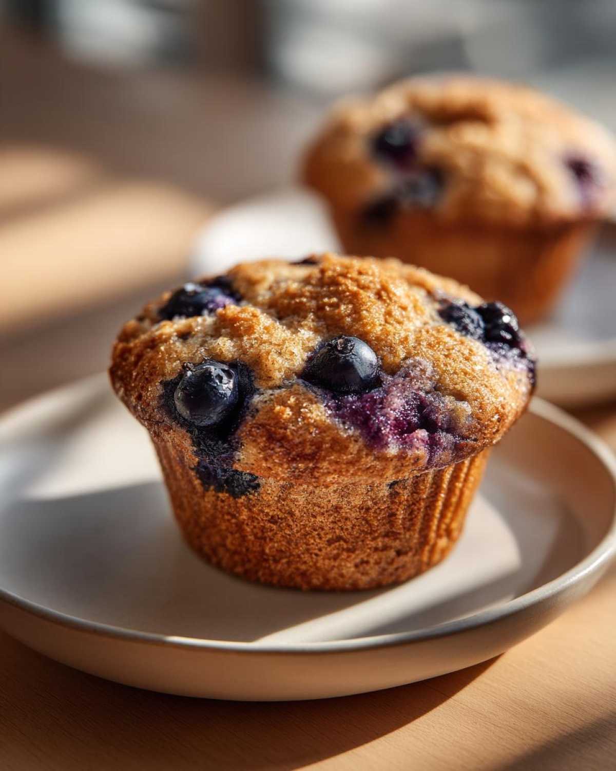 A close-up shot of a golden-brown blueberry protein muffin sitting on a light plate.