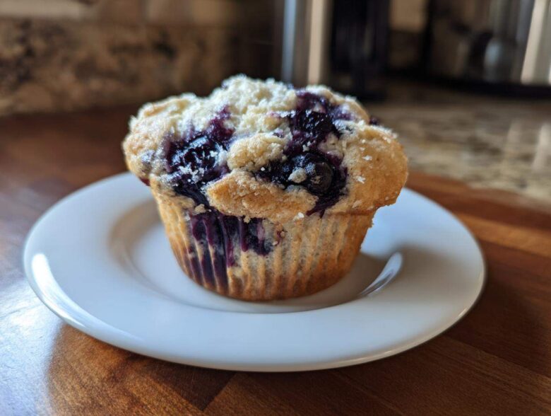 A single, freshly baked blueberry protein muffin with a crumbly top sits on a small white plate.