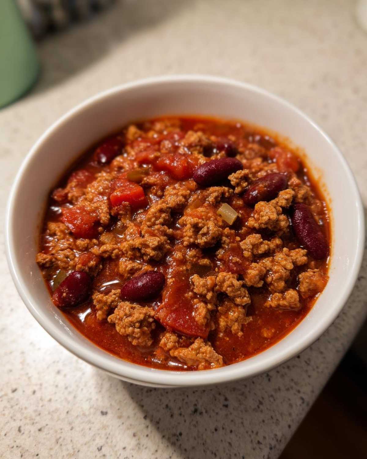 Close-up of a white bowl filled with rich, thick crockpot chili featuring ground beef and kidney beans.