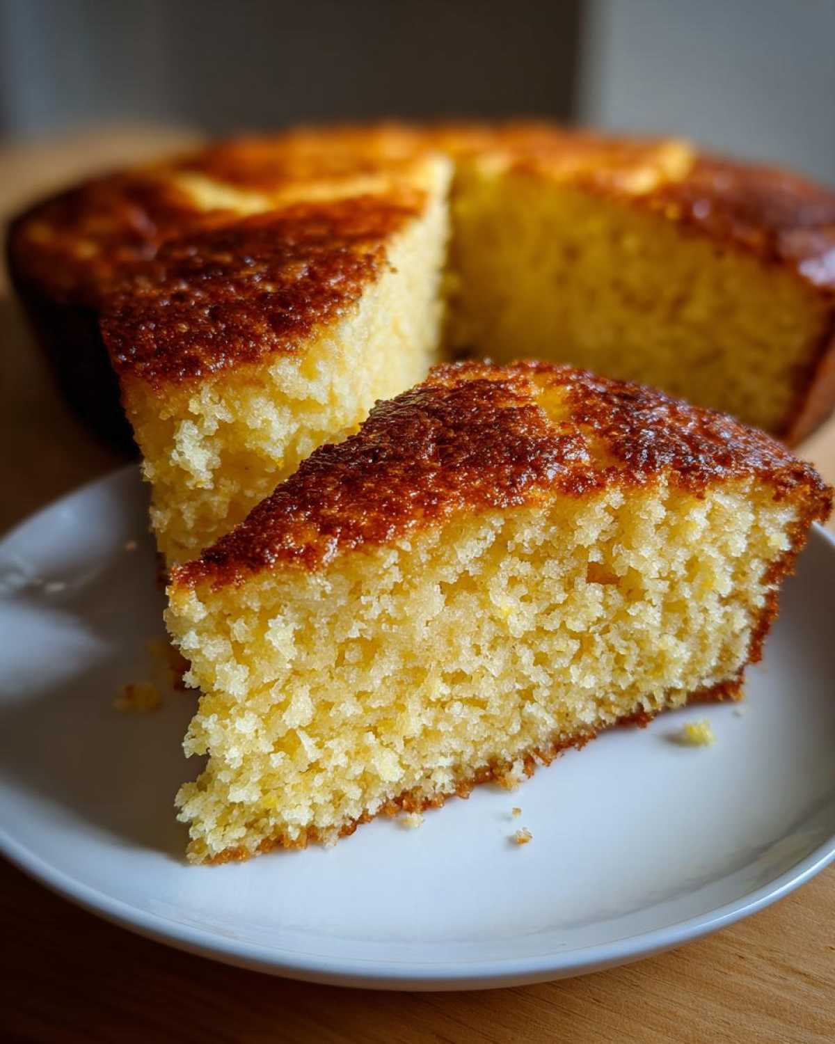 A close-up of a moist, golden slice of buttermilk cornbread served on a white plate.