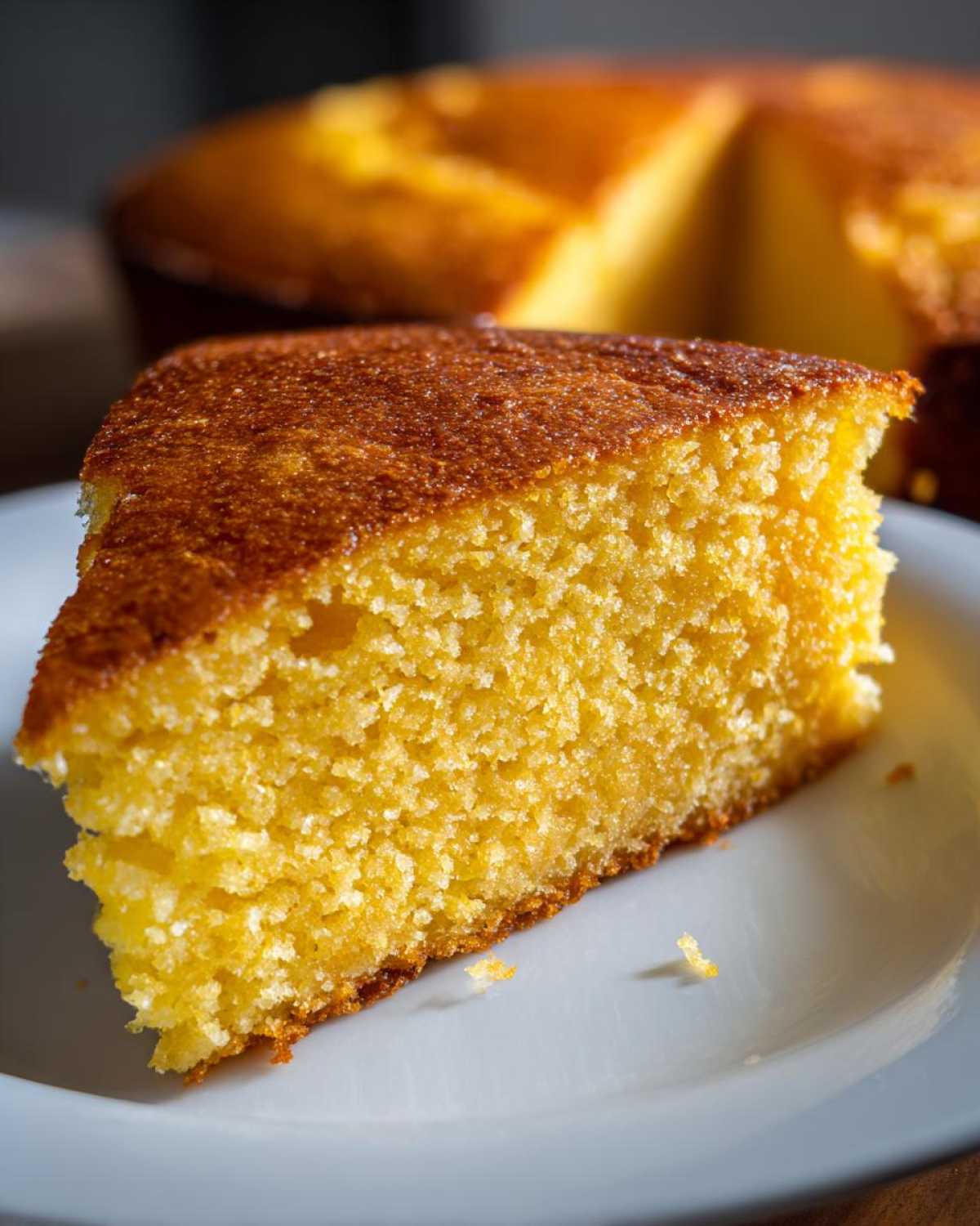 A close-up, detailed view of a golden slice of moist buttermilk cornbread on a white plate.