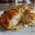 Close-up of a baked caesar chicken breast, cut to show moist interior, covered in melted cheese and sauce.