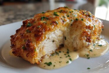 Close-up of a baked caesar chicken breast, cut to show moist interior, covered in melted cheese and sauce.