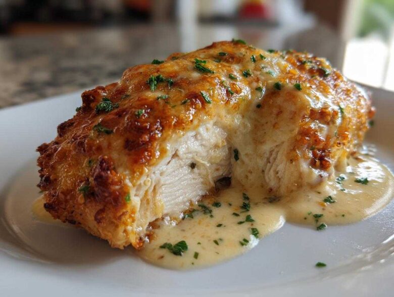 Close-up of a baked caesar chicken breast, cut to show moist interior, covered in melted cheese and sauce.