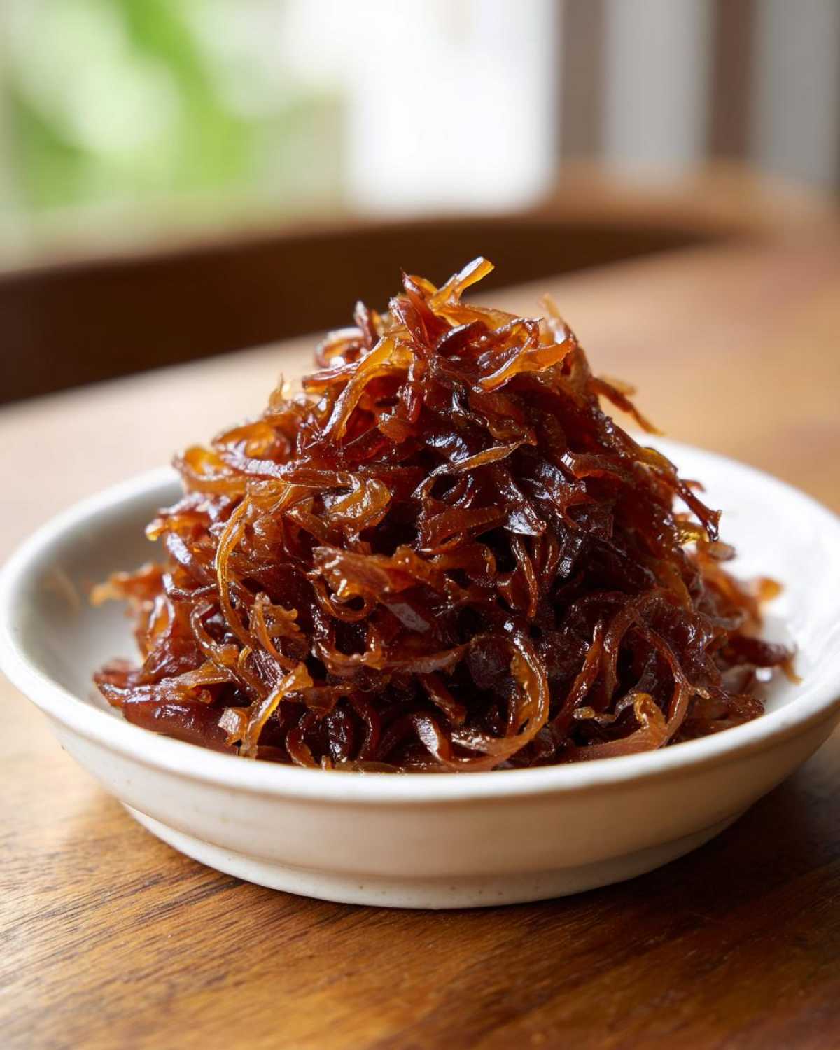 A close-up of a small white bowl heaped with rich, dark brown caramelized onions.