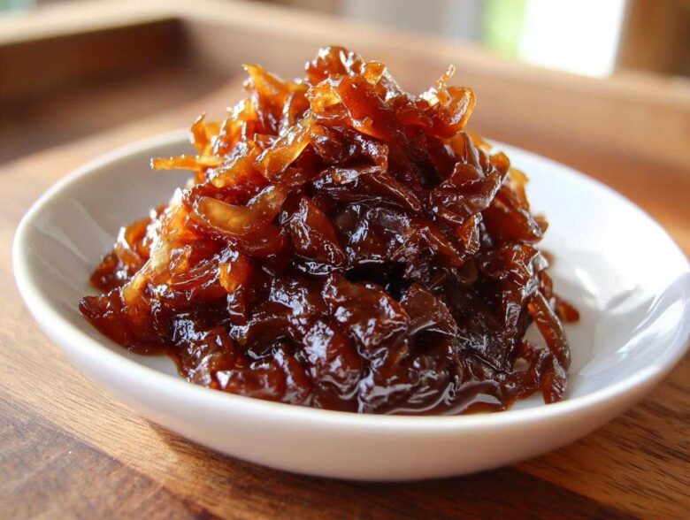 A close-up of rich, dark brown caramelized onions piled high in a small white bowl.