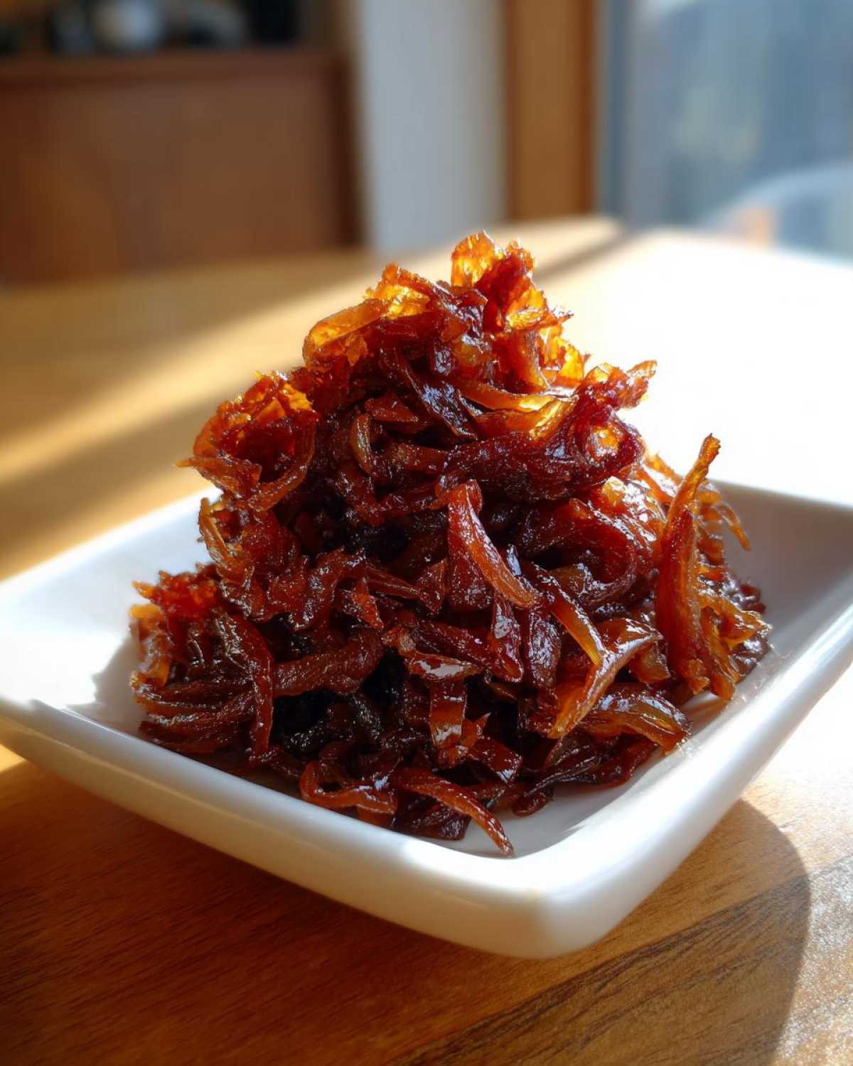 A mound of deeply browned, glossy caramelized onions piled high in a small white square dish.