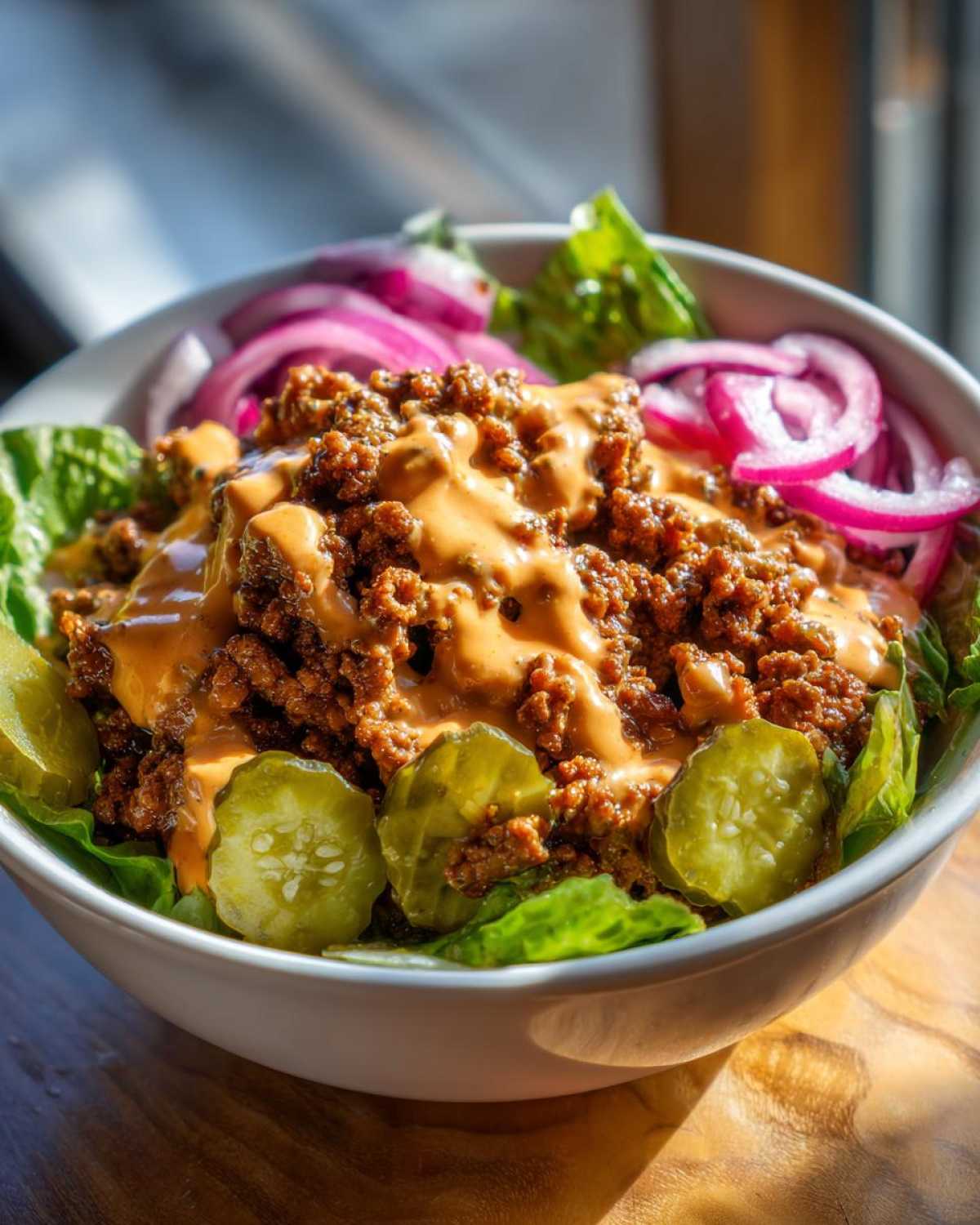 A close-up of a white bowl filled with a cheeseburger bowl featuring seasoned ground beef, special sauce, pickles, and red onion slices.