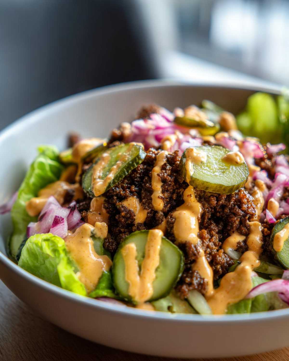 Close-up of a cheeseburger bowl featuring seasoned ground beef, pickles, red onion, and a drizzle of special sauce over lettuce.