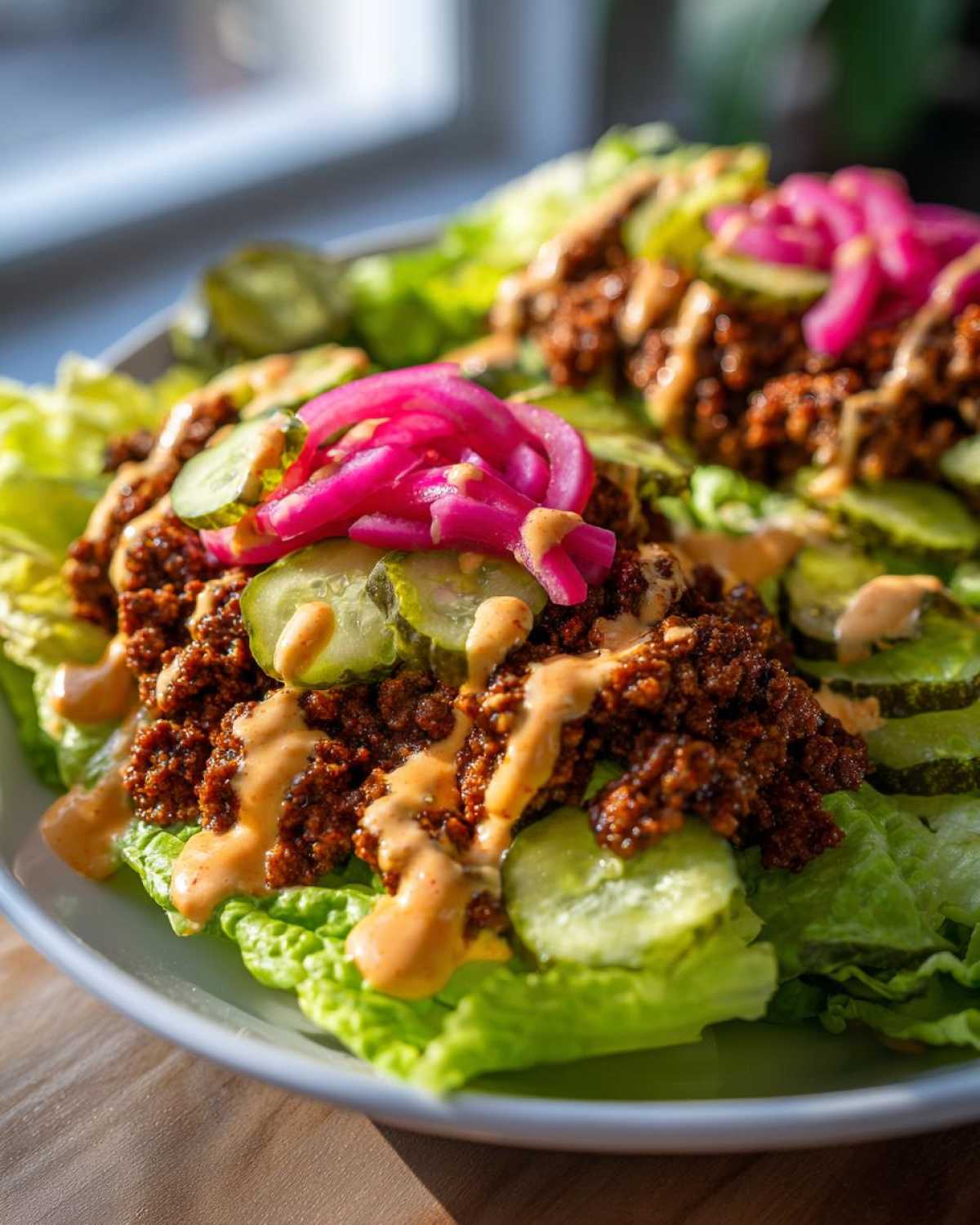 A close-up of a cheeseburger bowl featuring seasoned ground beef, pickles, pink pickled onions, and sauce over lettuce.