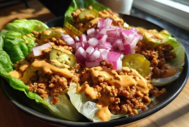 Close-up of a vibrant cheeseburger bowl served in lettuce cups, topped with sauce, pickles, and diced red onion.