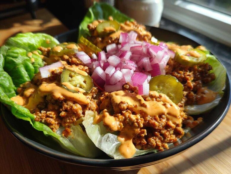 Close-up of a vibrant cheeseburger bowl served in lettuce cups, topped with sauce, pickles, and diced red onion.