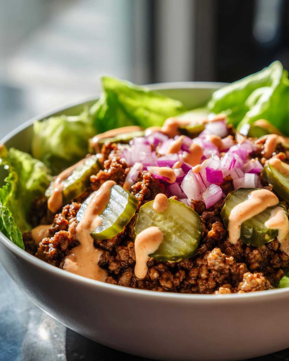 Close-up of a cheeseburger bowl featuring seasoned ground beef, pickles, diced red onion, and a drizzle of sauce over lettuce.