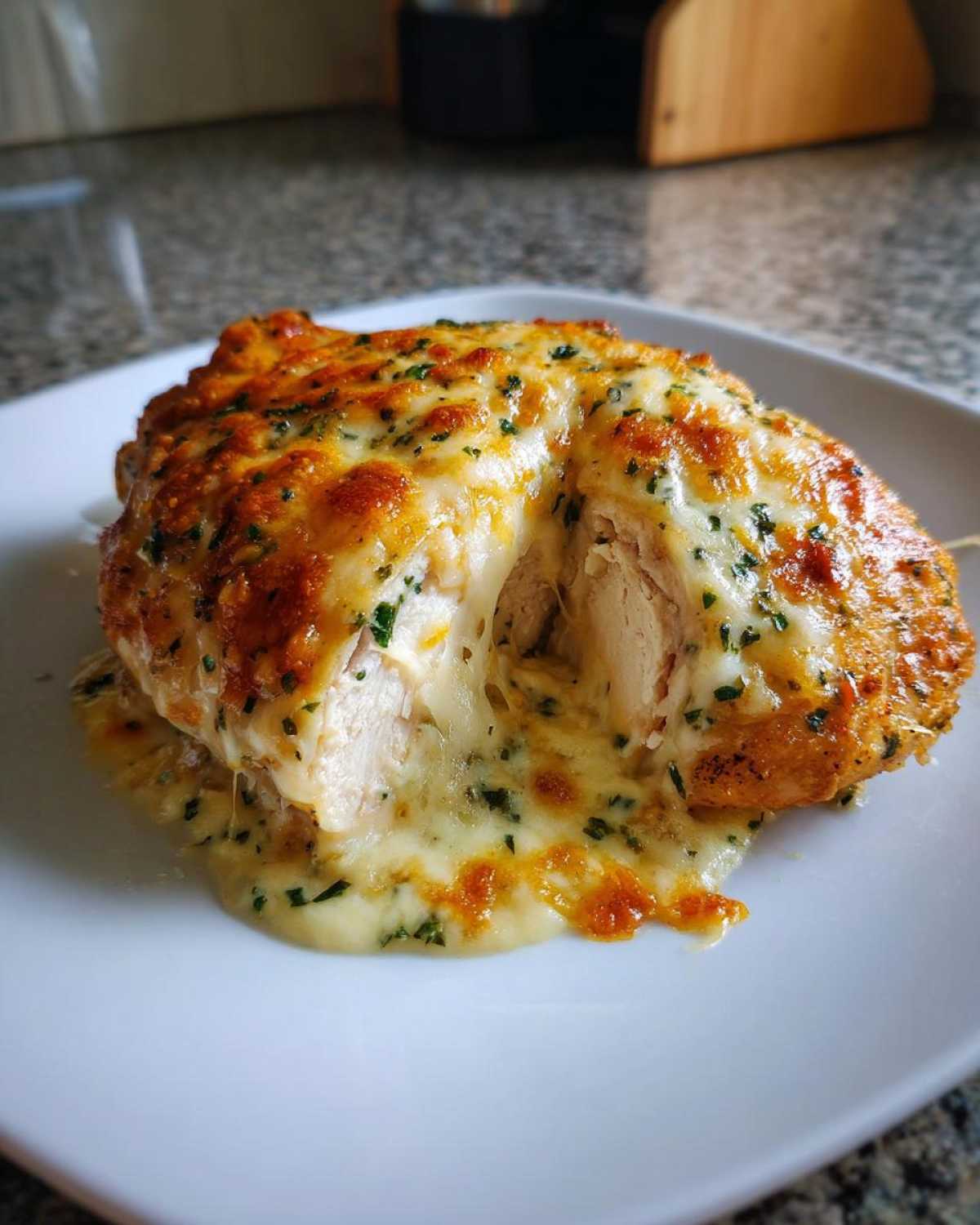 A juicy, baked caesar chicken breast cut open, oozing with melted, golden-brown cheese and herbs.