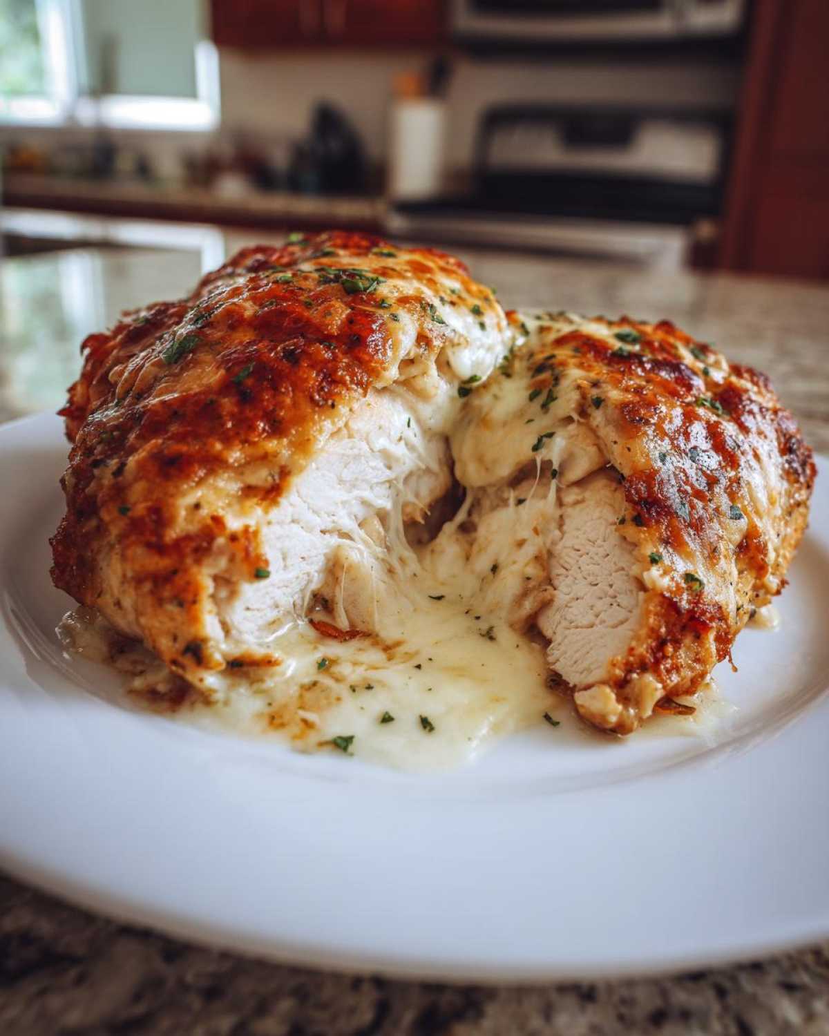 Cross-section of cheesy caesar chicken breast oozing melted cheese, topped with browned crust and parsley.