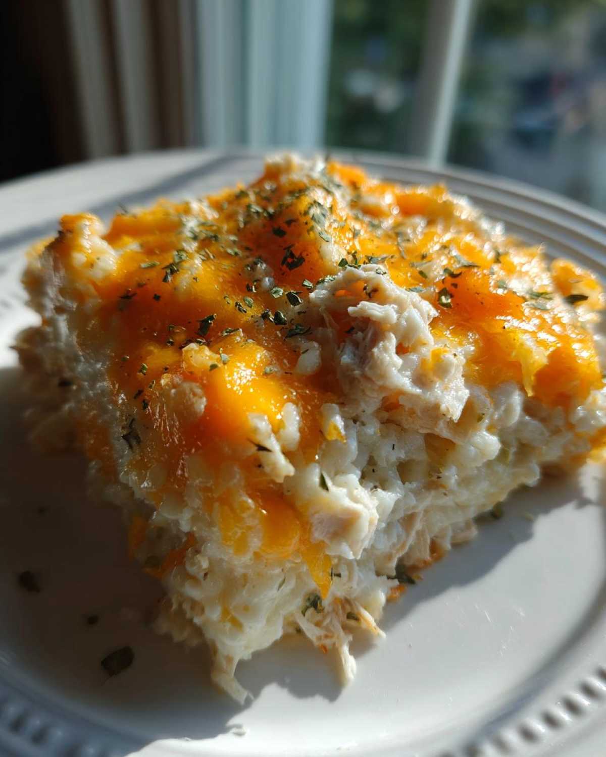 A close-up of a serving of cheesy chicken and rice casserole topped with melted cheddar and dried herbs.