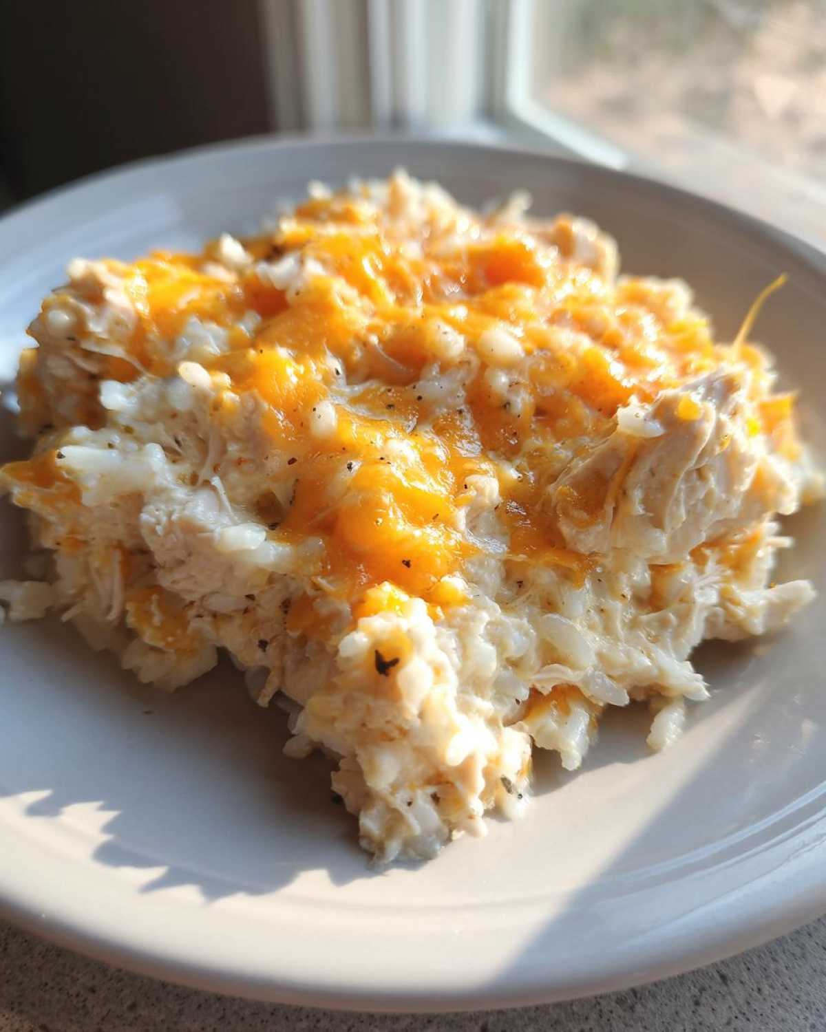 A scoop of creamy cheesy chicken and rice topped with melted bright orange cheddar cheese, served on a white plate.