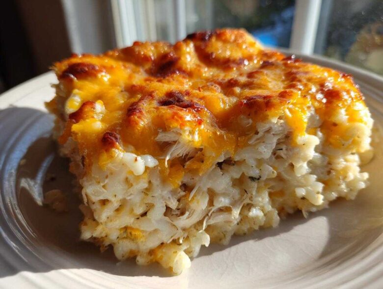 A close-up serving of cheesy chicken and rice casserole showing shredded chicken, creamy rice, and a bubbly, browned cheddar cheese topping.